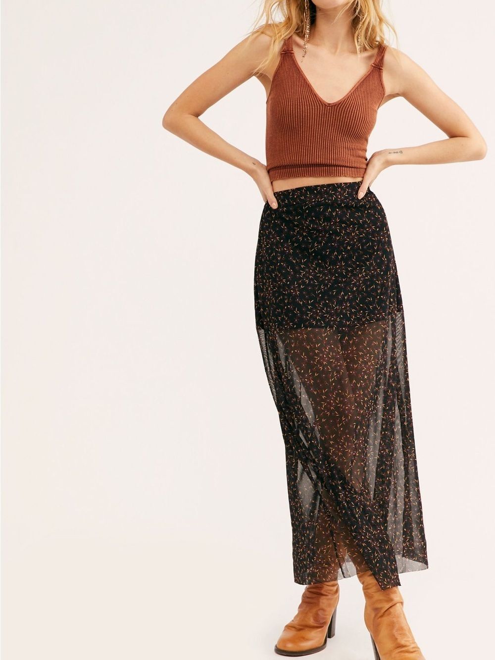 Free People Seven Wonders Mesh Maxi Skirt Floral Black Brown